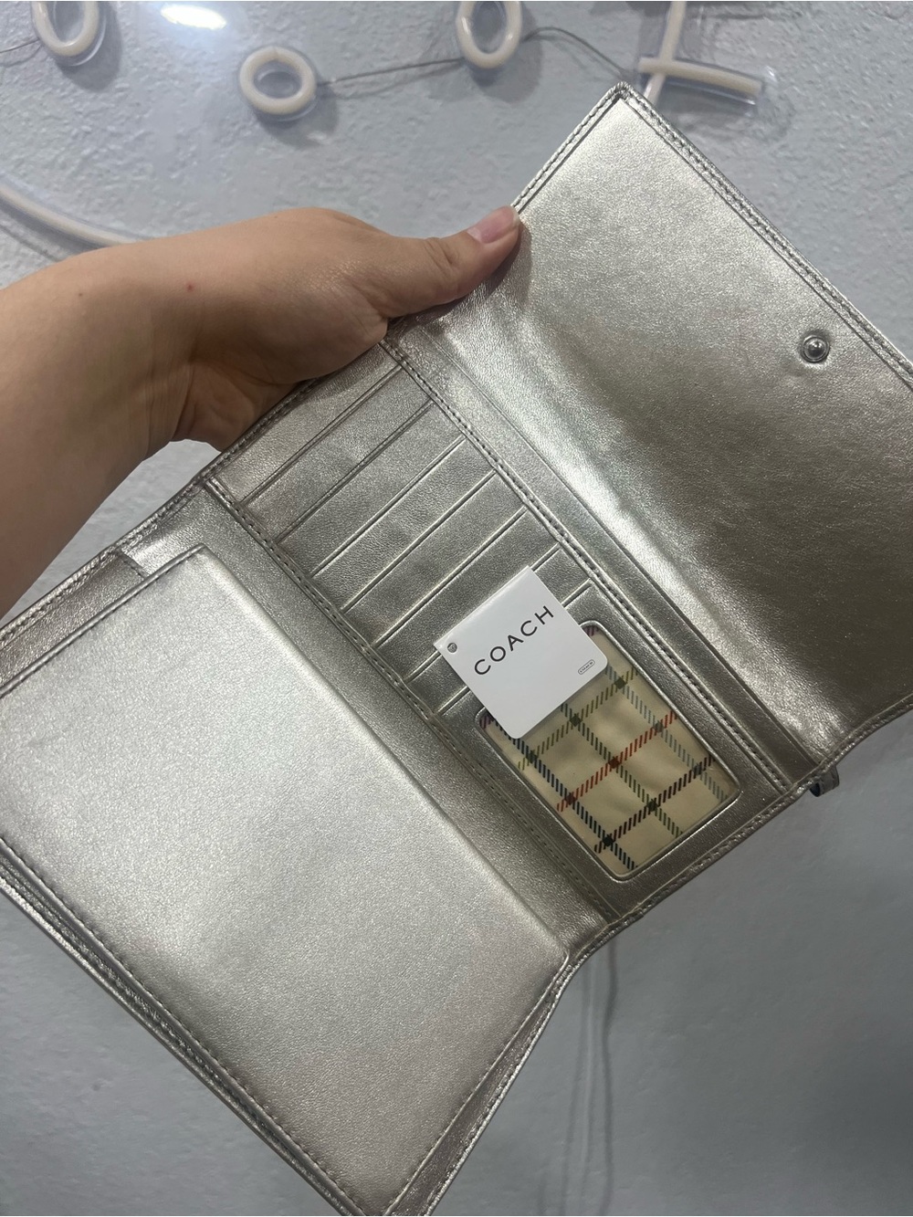 Coach Silver and Jacquard Wallet with Silver Cap and Tattersall Lining - Picture 3 of 6